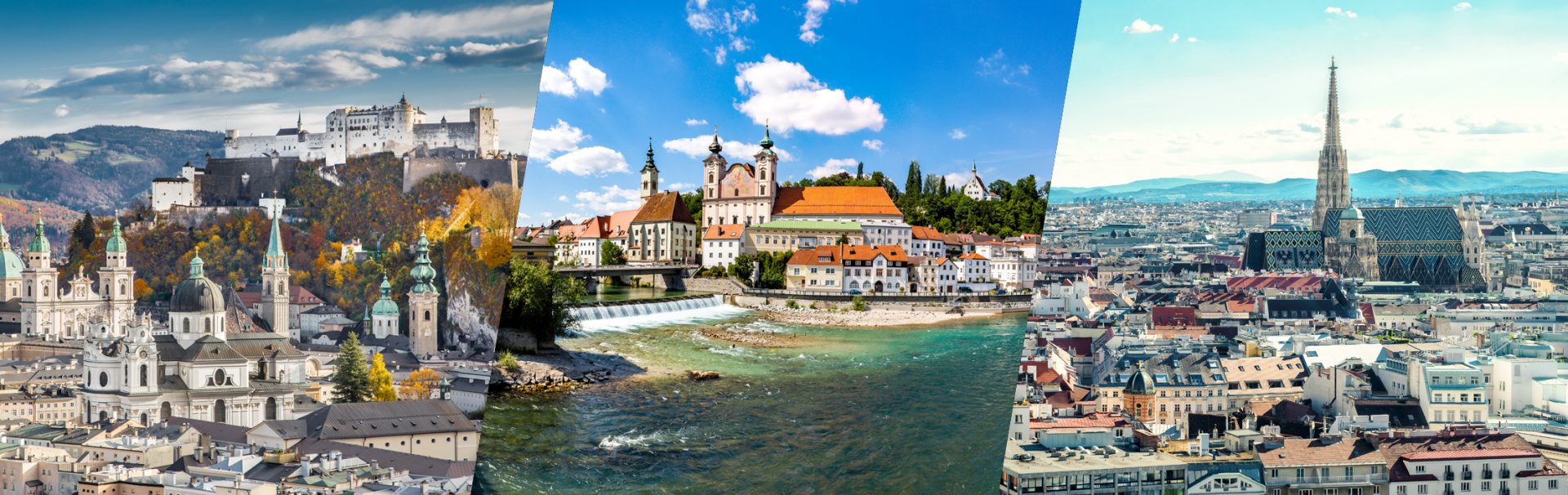 Collage with aerial pictrues of Salzburg, Vienna and Steyr