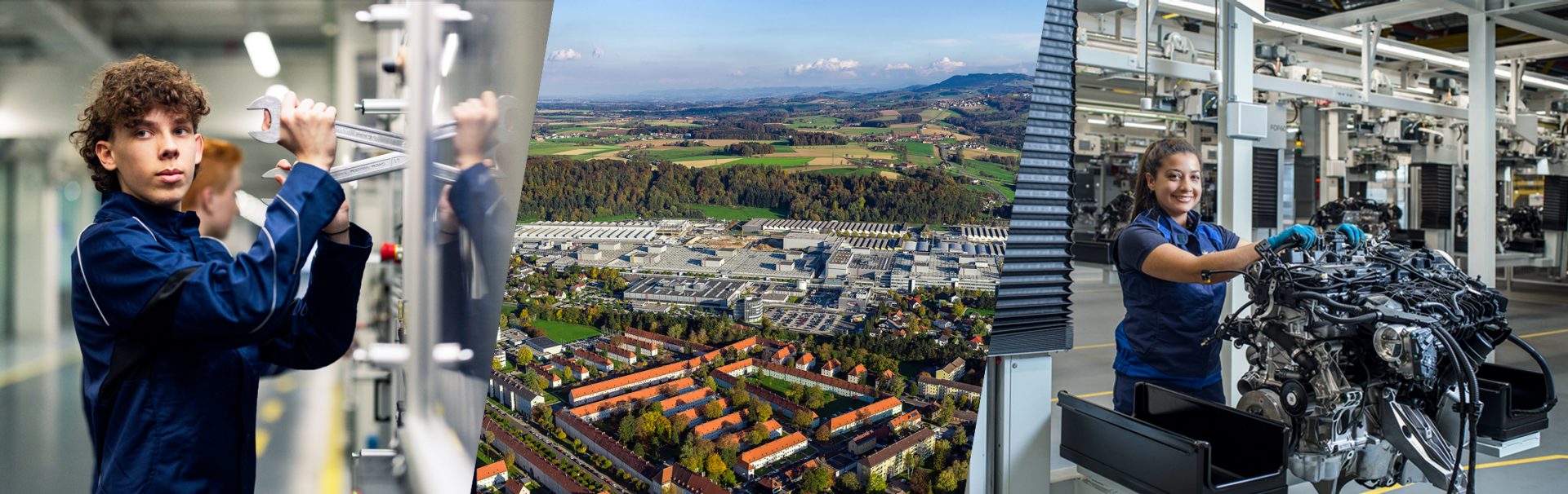 Collage Mitarbeiter im Werk und Luftaufnahme Werk Steyr