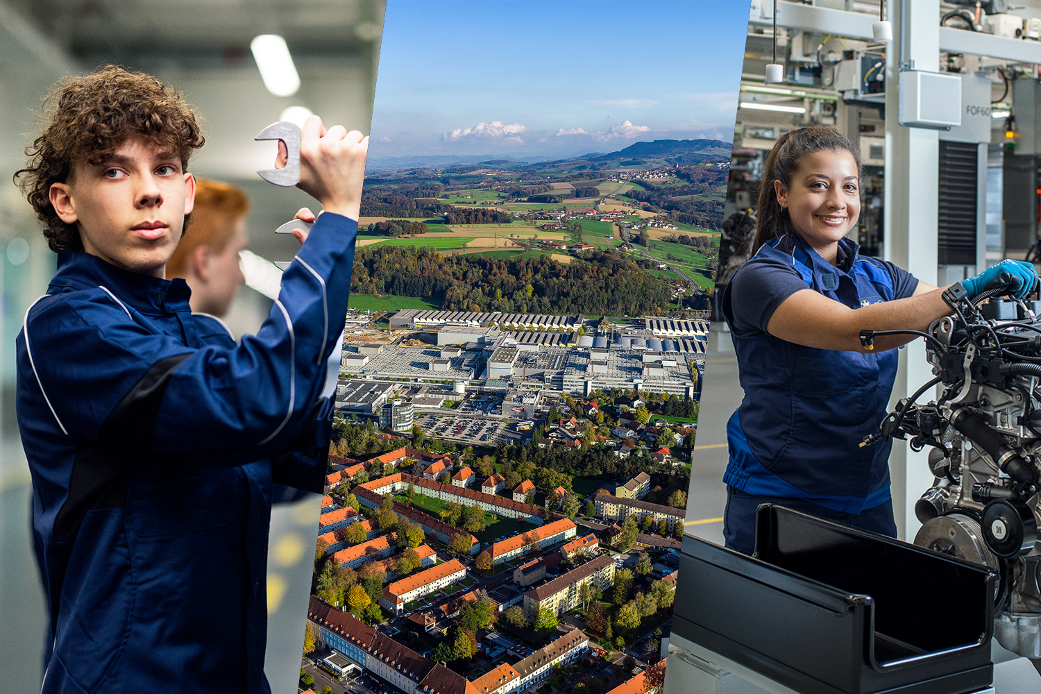 Collage Mitarbeiter im Werk und Luftaufnahme Werk Steyr