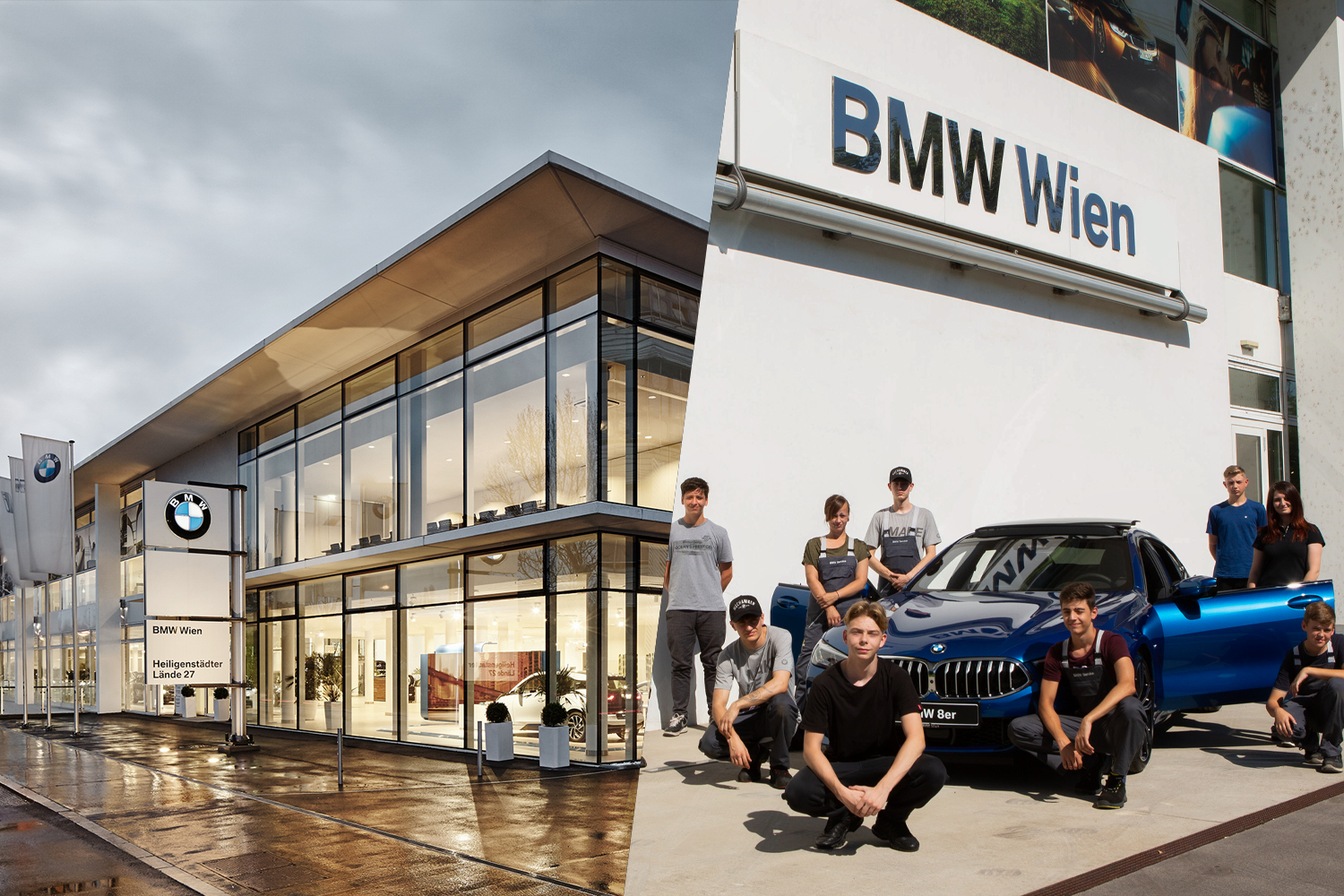 Collage: BMW Niederlassung Wien und Gruppenfoto der Lehrlinge