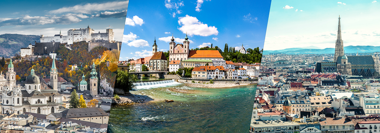 Collage mit Luftaufnahmen der Städte Salzburg, Steyr und Wien