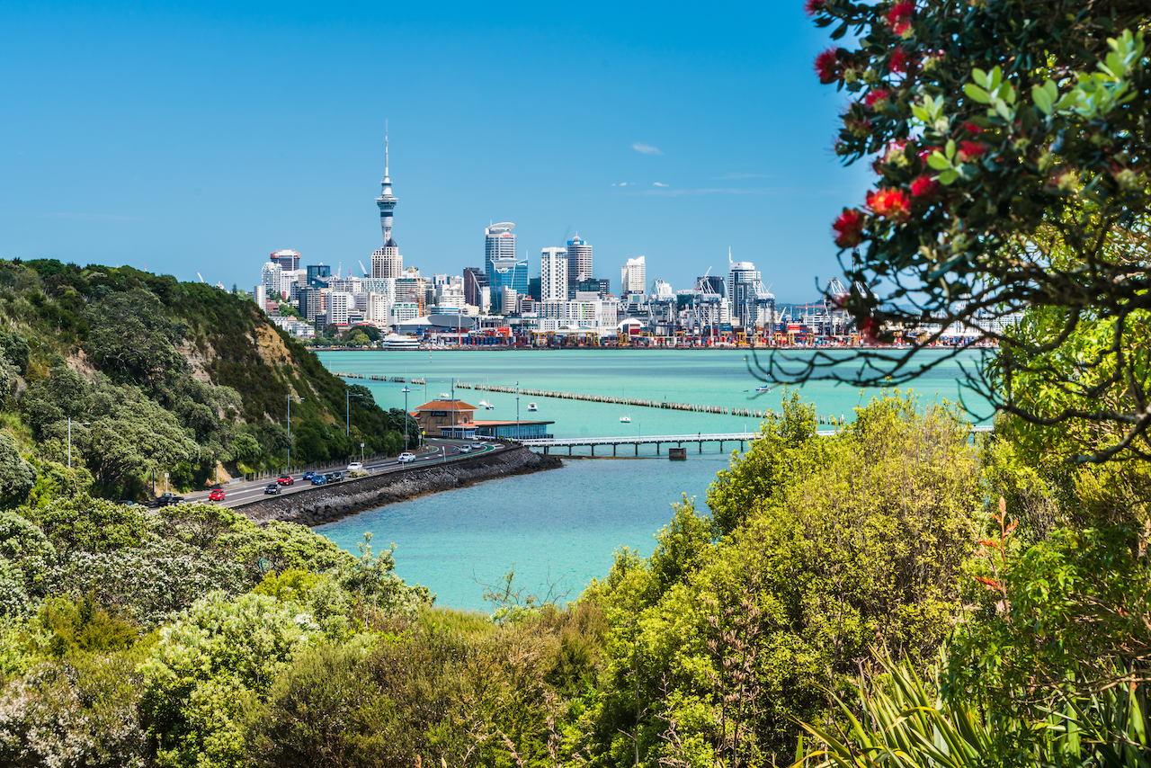 Auckland city view from Micheal Joseph Savage Memorial Park, Tamaki Drive, Auckland, New Zealand.