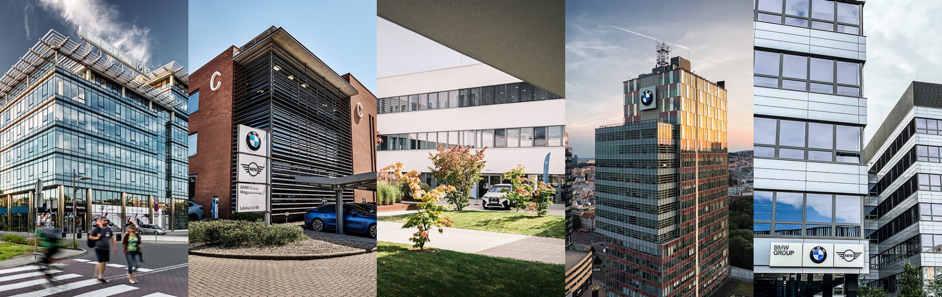 Collage of five BMW Group builidngs in Europe