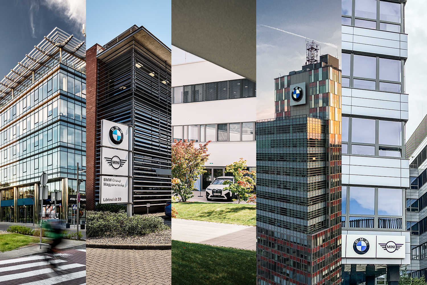 Collage of five BMW Group builidngs in Europe