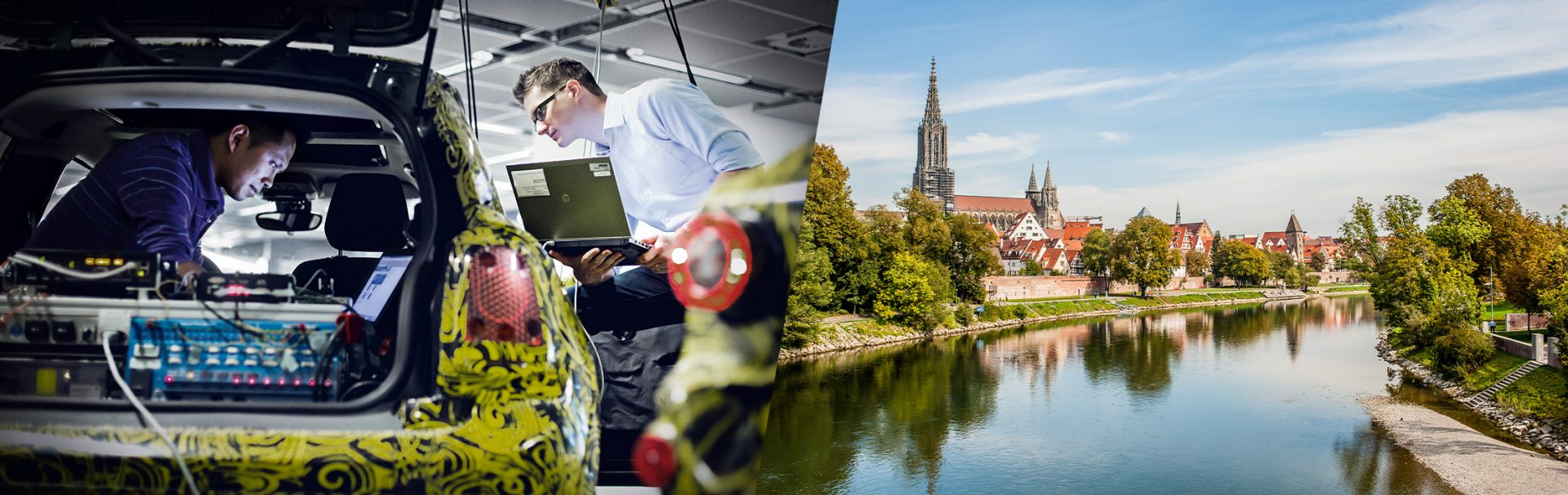 Two colleagues working at a prototype car and city of Ulm