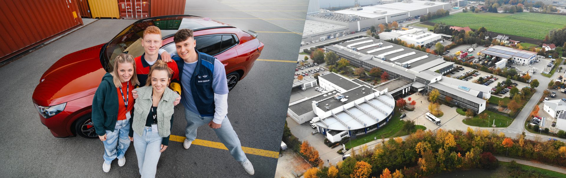 Apprentices with a BMW X2 and aerial view of the BMW Dingolfing plant