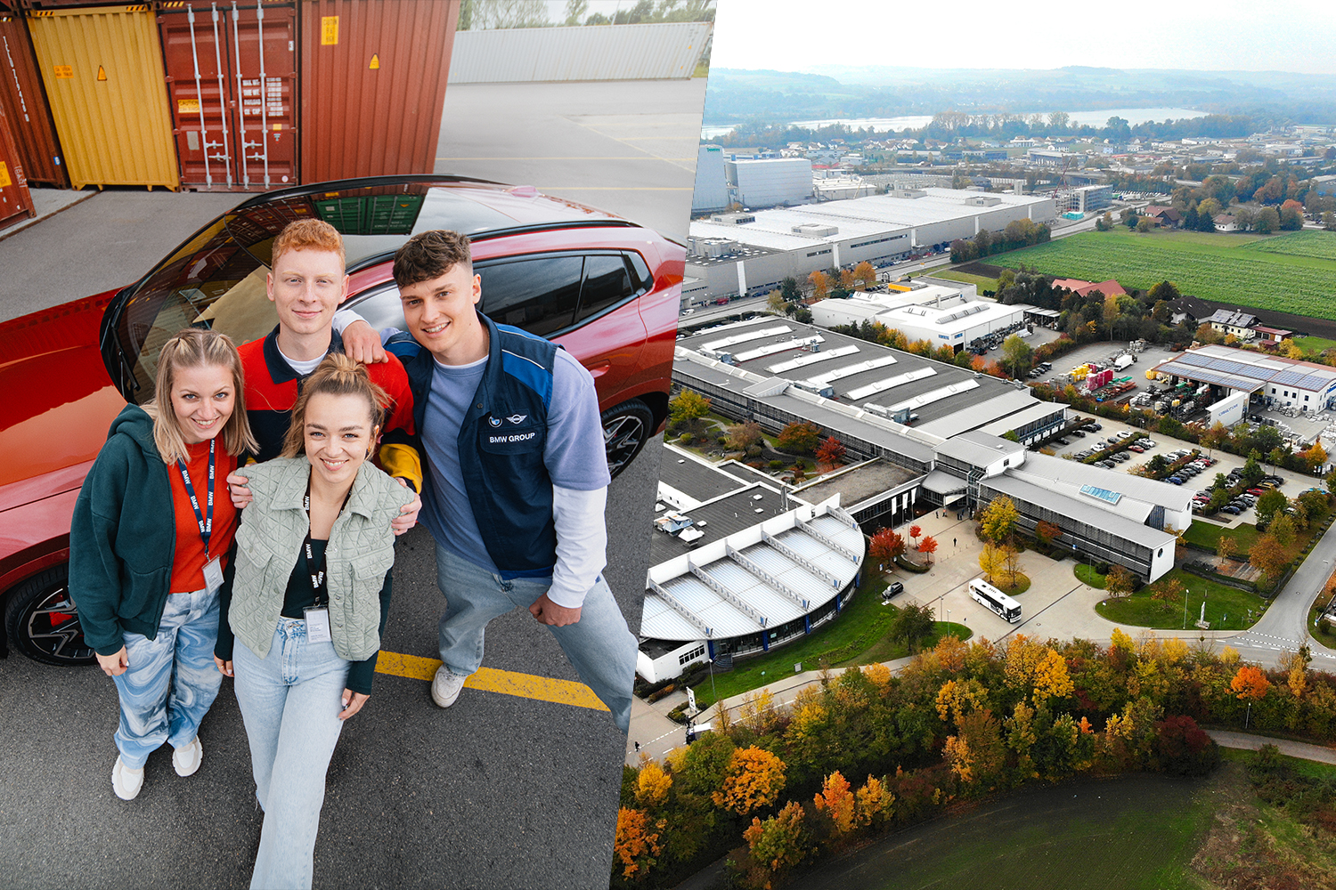 Apprentices with a BMW X2 and aerial view of the BMW Dingolfing plant
