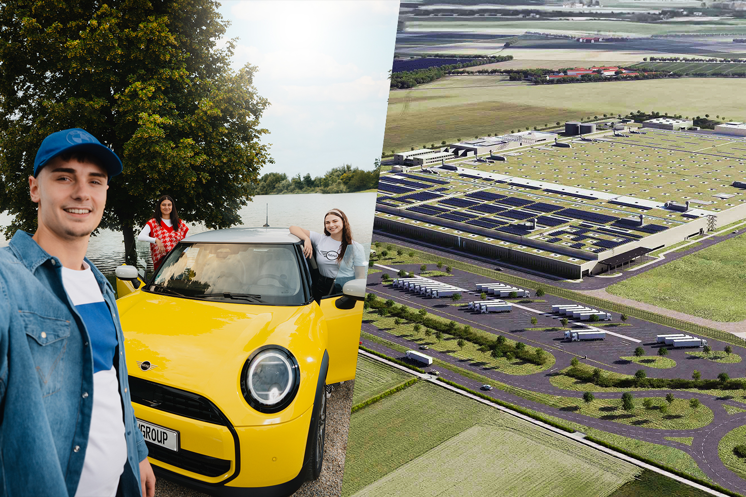 Drei Azubis vor einem gelben MINI und Visualisierung des BMW Werks Irlbach-Straßkirchen