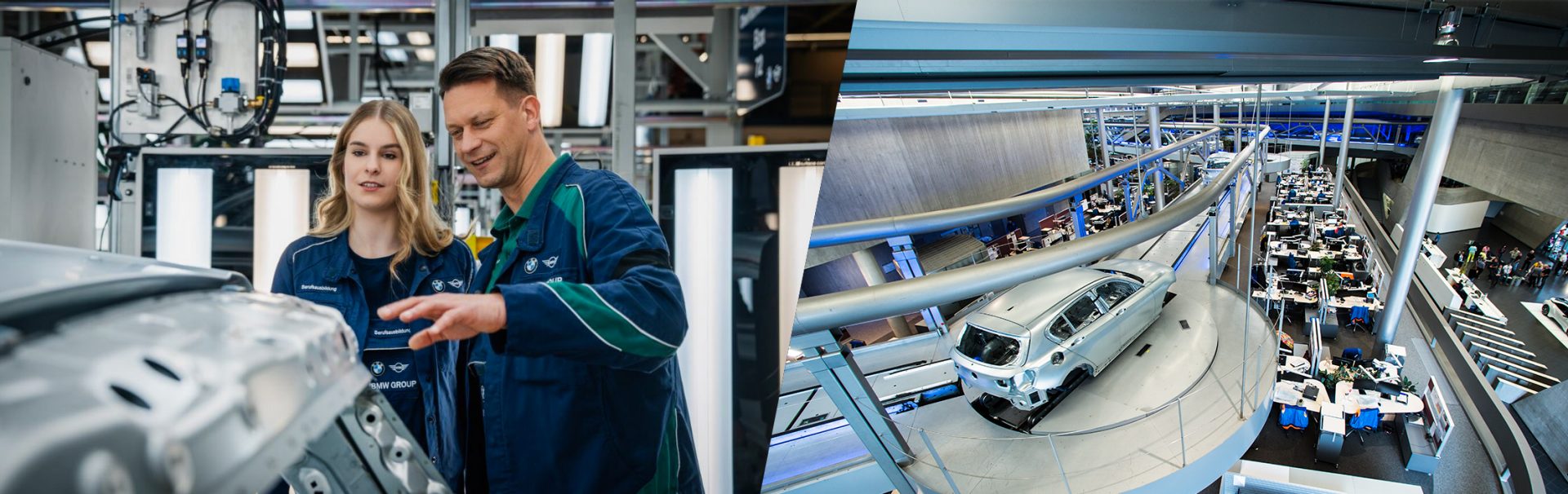 Apprentice with trainer and interior view of the central building at the BMW plant in Leipzig