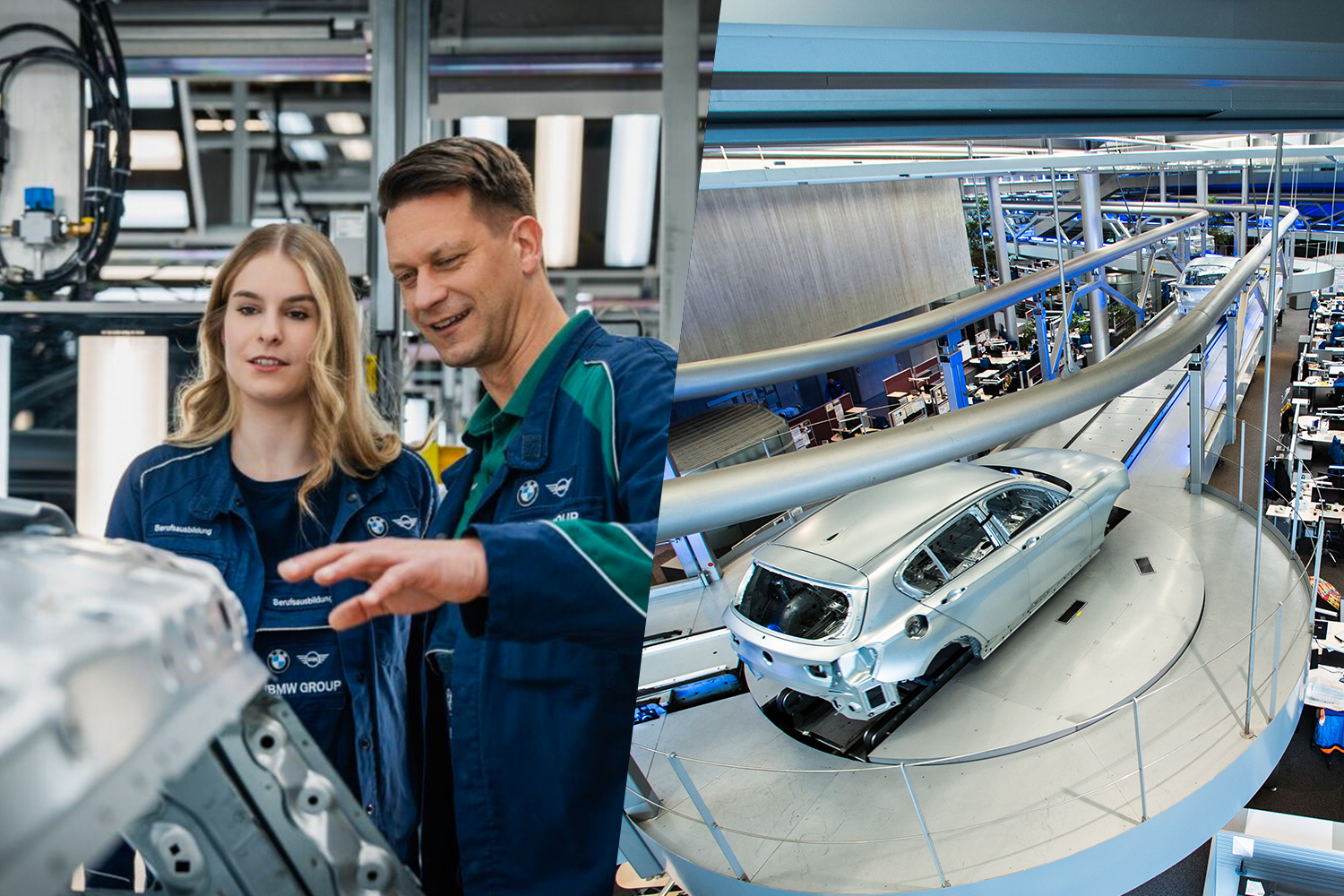 Apprentice with trainer and interior view of the central building at the BMW plant in Leipzig