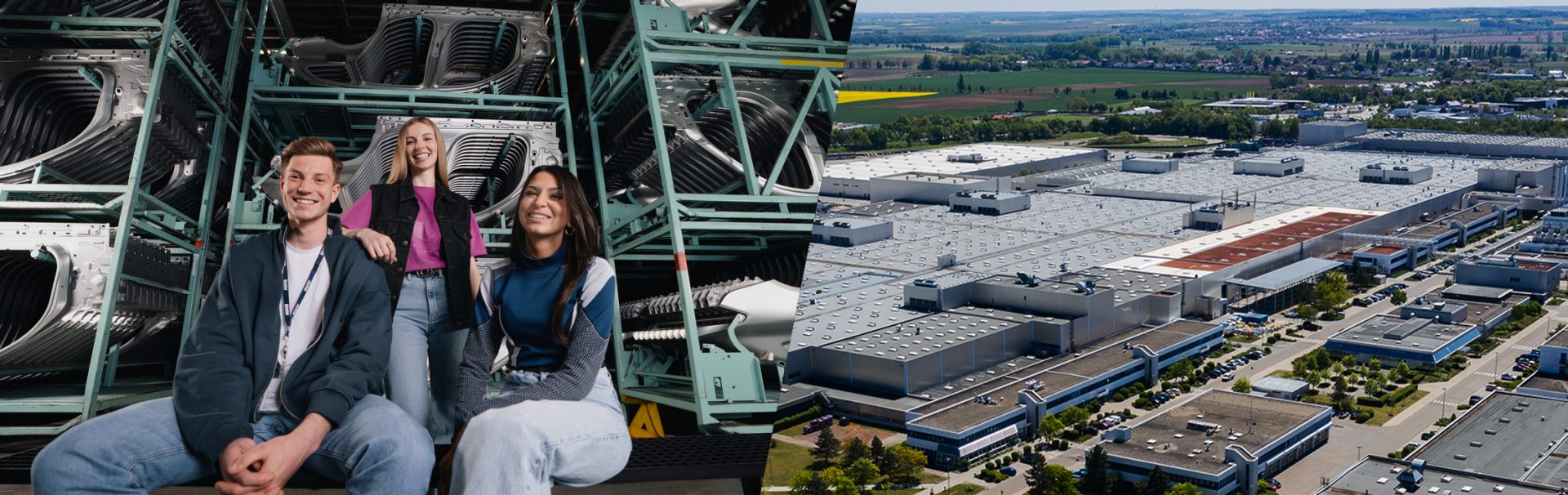 Laughing apprentices in a warehouse and aerial view of the BMW Regensburg plant