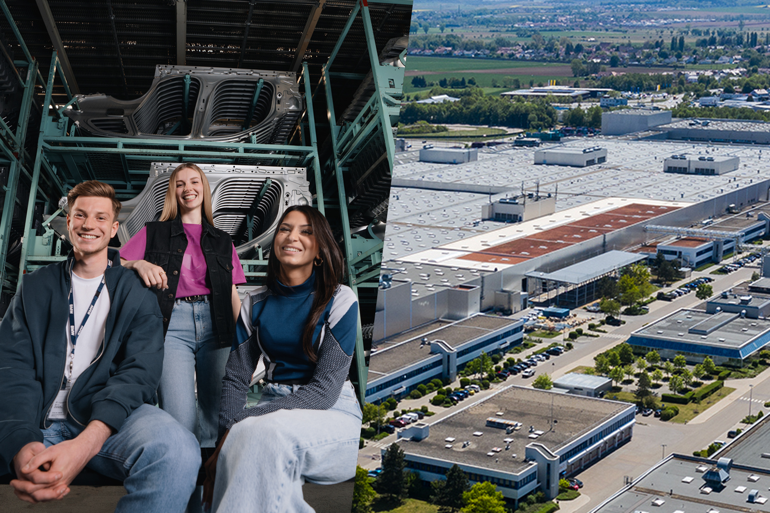Laughing apprentices in a warehouse and aerial view of the BMW Regensburg plant