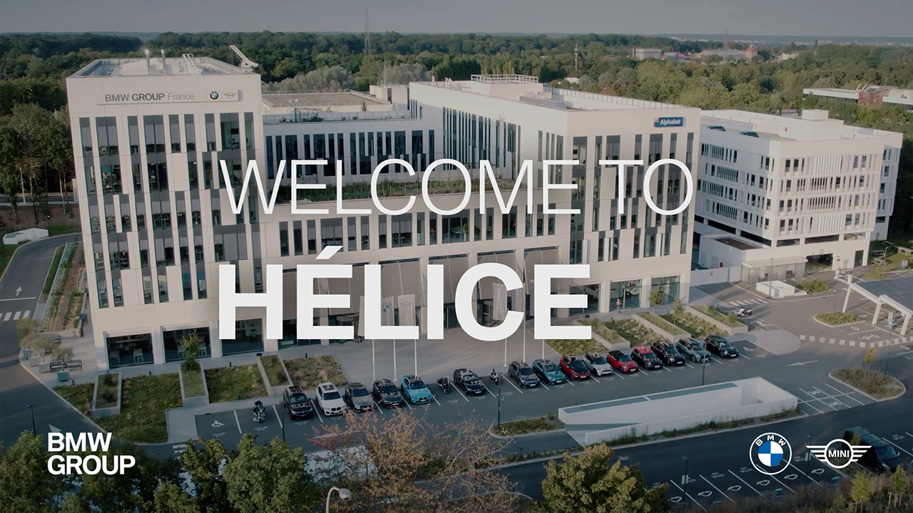 The video shows a drone flight around the office building of BMW Group France.