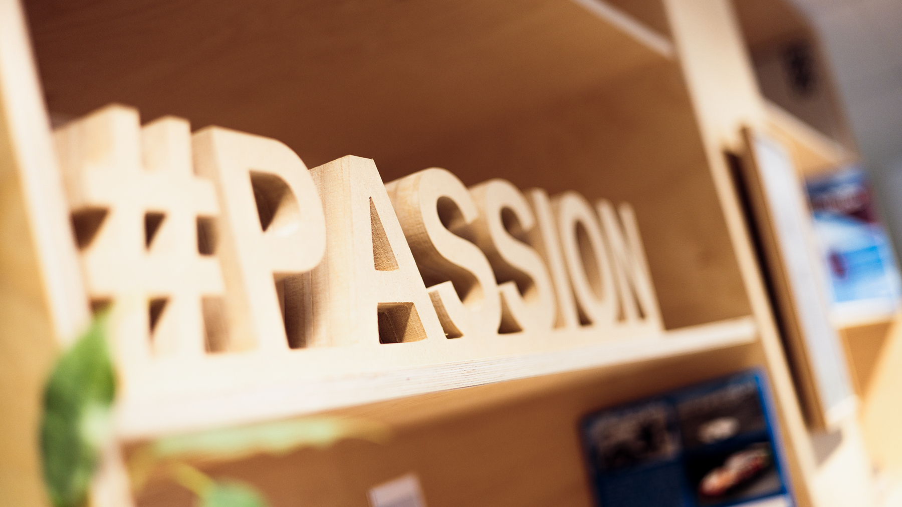 "Passion" Lettering in a shelf.