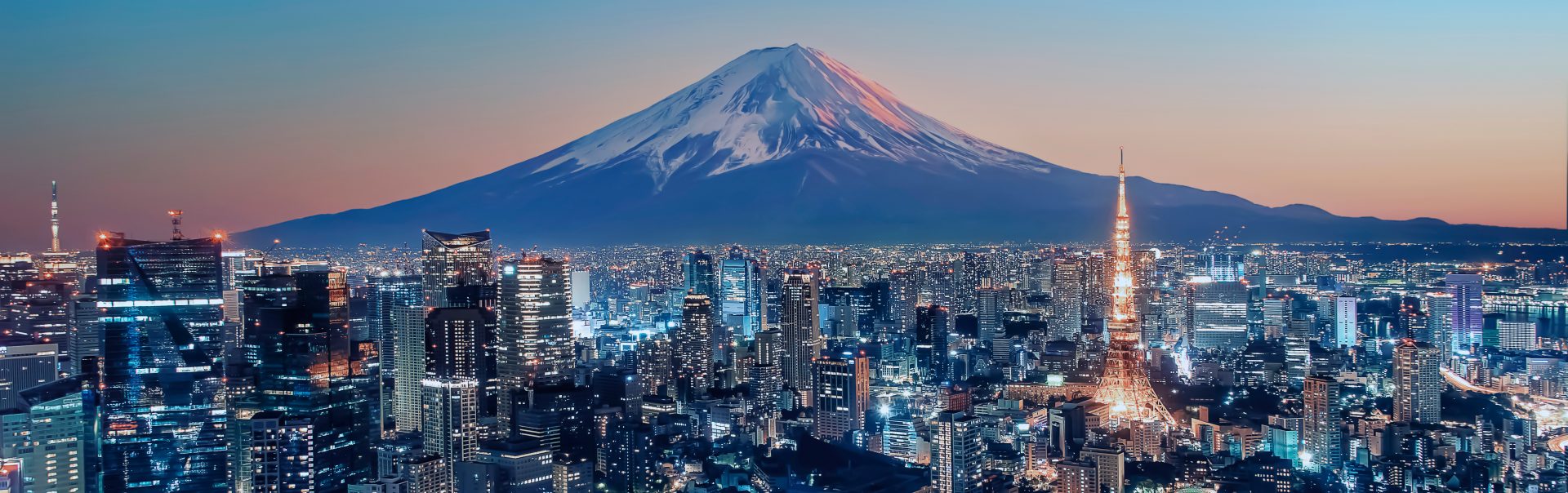 The image shows the city of Tokyo at dusk.