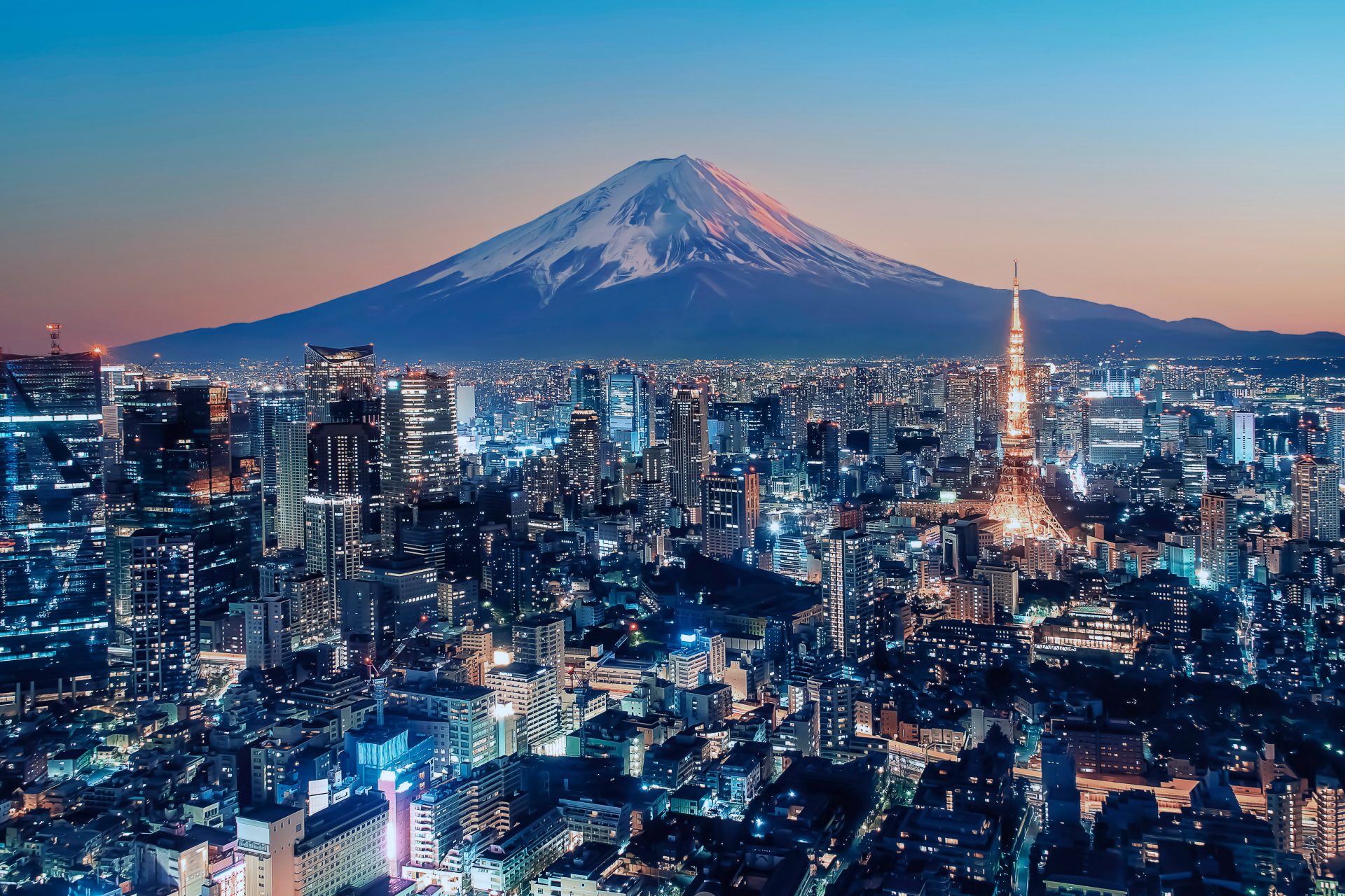 The image shows the city of Tokyo at dusk.