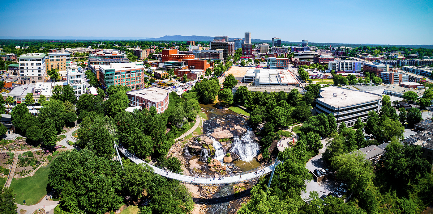 Drone city aerial image of downtown Greenville South Carolina SC.