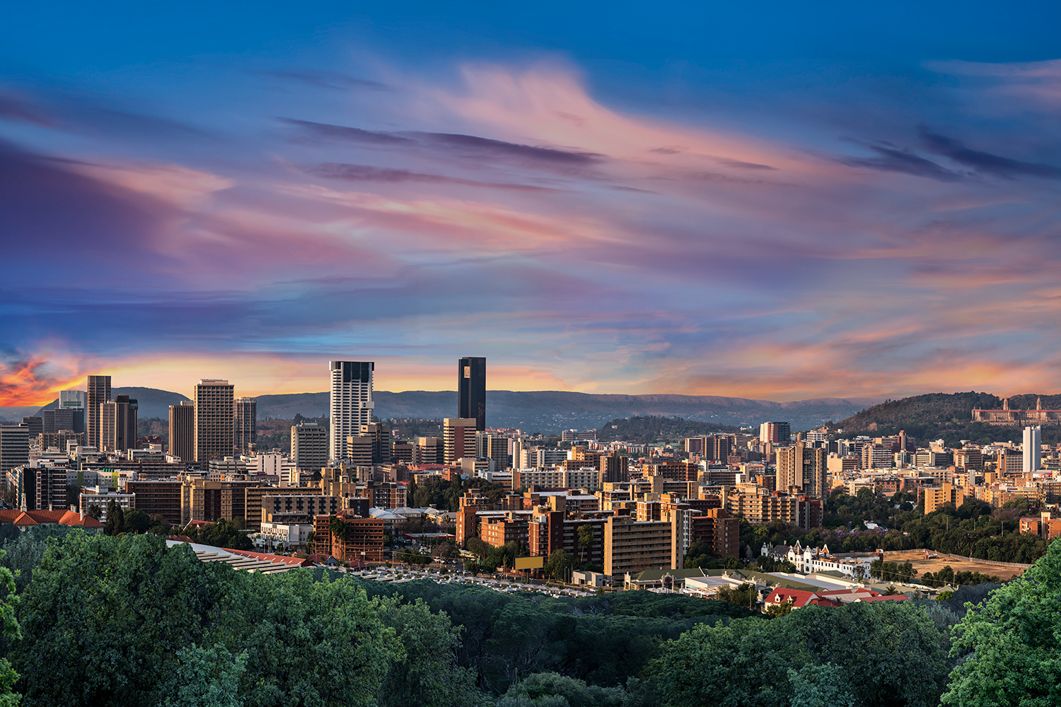 Pretoria city during twilight with colourful clouds in Gauteng South Africa